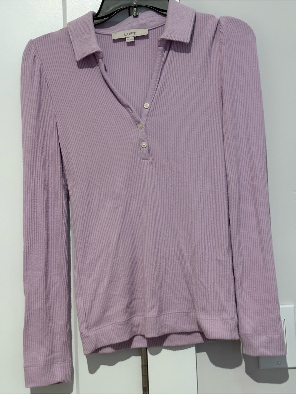 LOFT Lavender Ribbed Long-Sleeve Polo Top